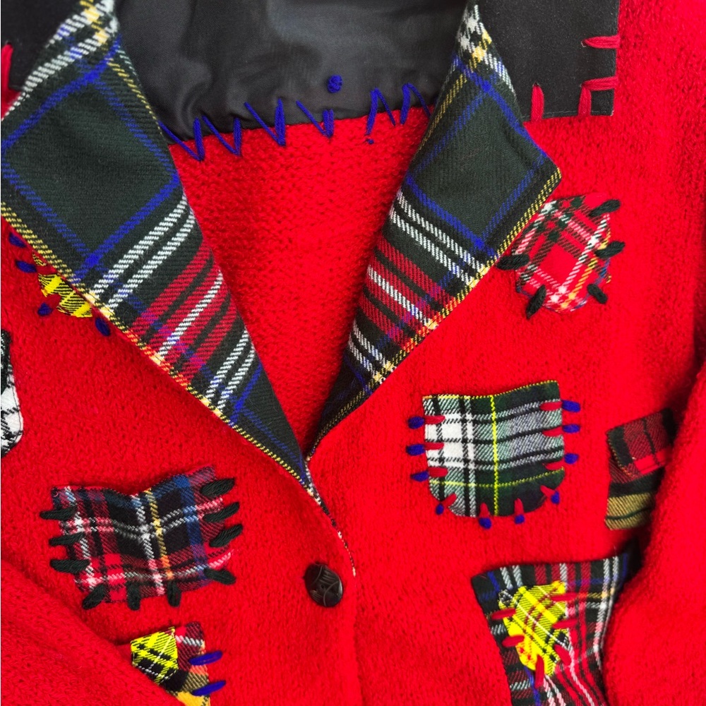 Sandy Starkman L Red Wool Patchwork Plaid Knit Ja… - image 5